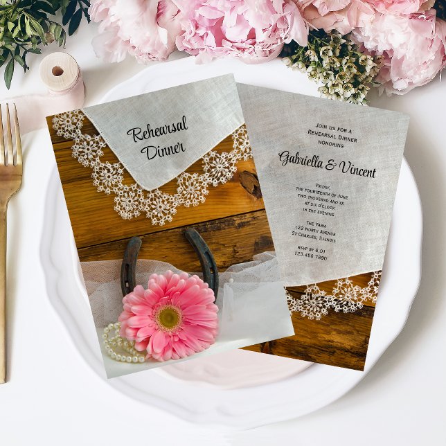 Pink Daisy Lace Country Western Probe Abendessen Einladung (Von Creator hochgeladen)