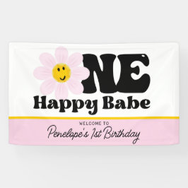 Pink Daisy One Happy Babe First Birthday Banner
