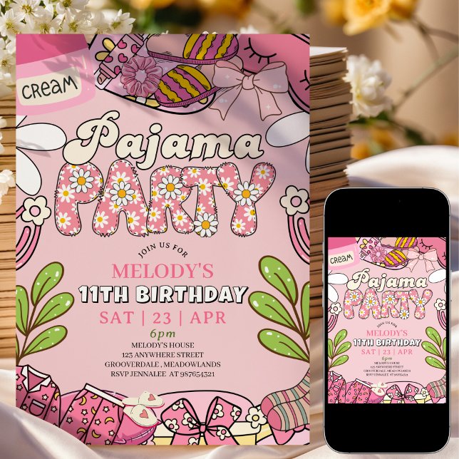 Pink Daisy Pajama Party Birthday  Einladung (Von Creator hochgeladen)