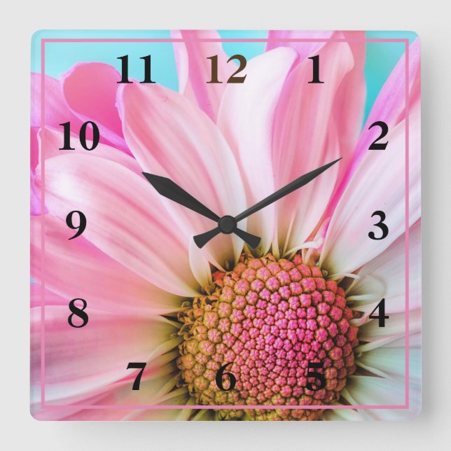 Pink Daisy Quadratische Wanduhr (Vorderseite)