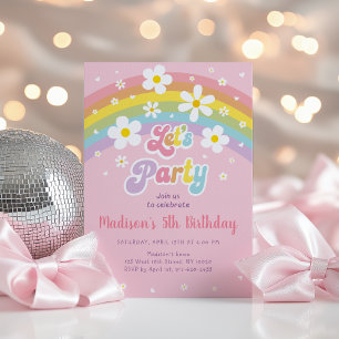 Pink Daisy Rainbow Groovy Birthday Einladung