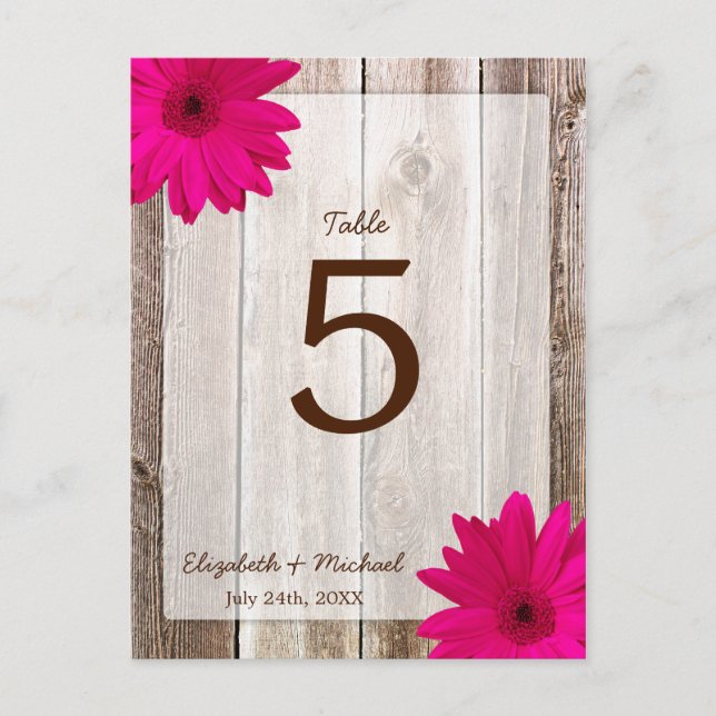 Pink Daisy Rustic Barn Wood Wedding Tischnummer (Vorderseite)