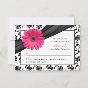 Pink Daisy Schwarz-weiß Floral Damask Hochzeit UAW RSVP Karte