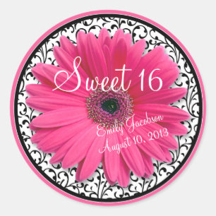 Pink Daisy Schwarz-weiß Floral Sweet 16 Geburtstag Runder Aufkleber