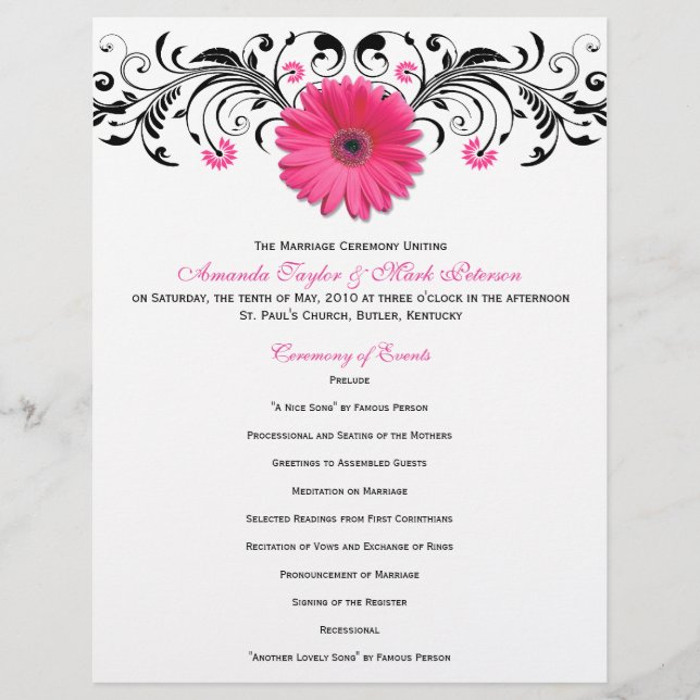 Pink Daisy Schwarz-weiß Floral Wedding Program (Vorderseite)