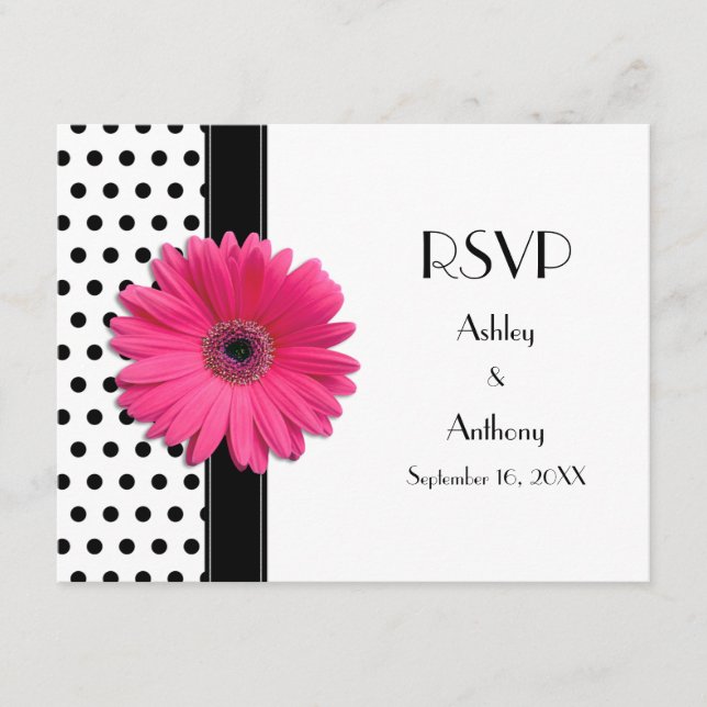 Pink Daisy Schwarz-weiß Polka Dot Wedding RSVP (Vorderseite)