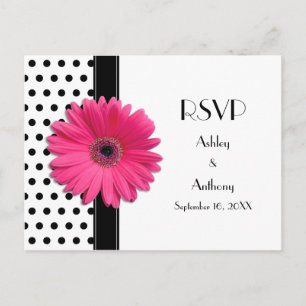 Pink Daisy Schwarz-weiß Polka Dot Wedding RSVP Einladungspostkarte