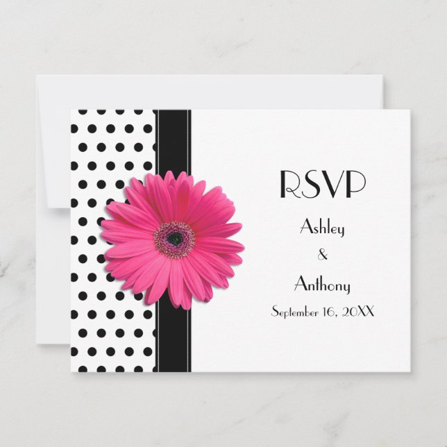 Pink Daisy Schwarz-weiß Polka Dot Wedding RSVP Karte (Vorderseite)