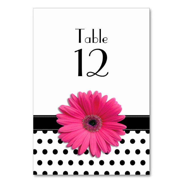 Pink Daisy Schwarz-weiß Polka Dot Wedding Tischnummer (Vorderseite)