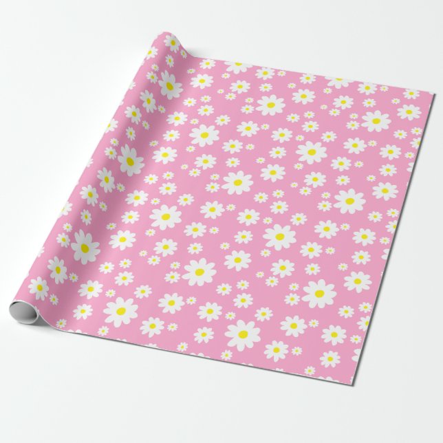 Pink Daisy Spring Pattern Wrapping Paper Geschenkpapier (Ungerollt)