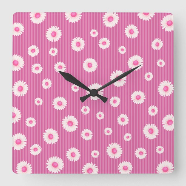 Pink Daisy Stripe Quadratische Wanduhr (Vorderseite)