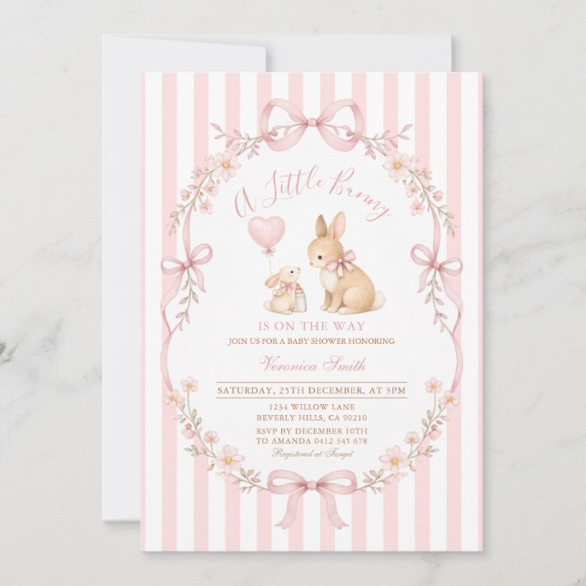 Pink Daisy Striped Bunny Baby Shower Einladung (Vorderseite)