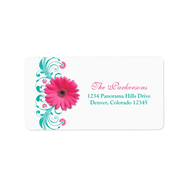 Pink Daisy Türkise Floral Wedding Address Adressaufkleber (Vorne)