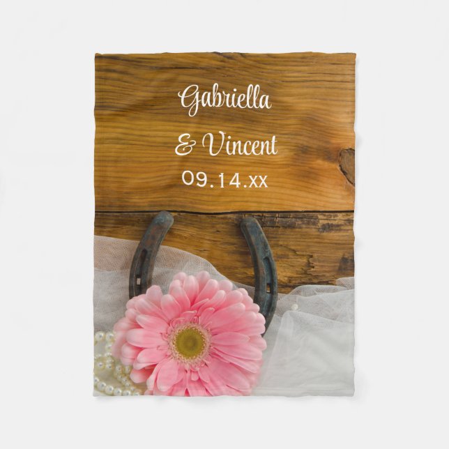 Pink Daisy und Horseshoe Country Wedding Keepake Fleecedecke (Vorderseite)