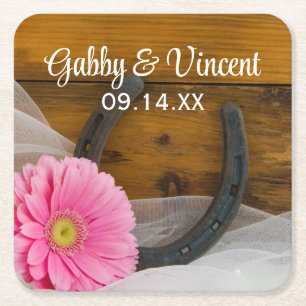 Pink Daisy und Horseshoe Country Western Hochzeit Rechteckiger Pappuntersetzer
