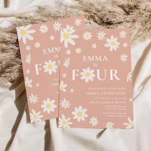 Pink Daisy Vierte 4. Geburtstagseinladung Vier Einladung
