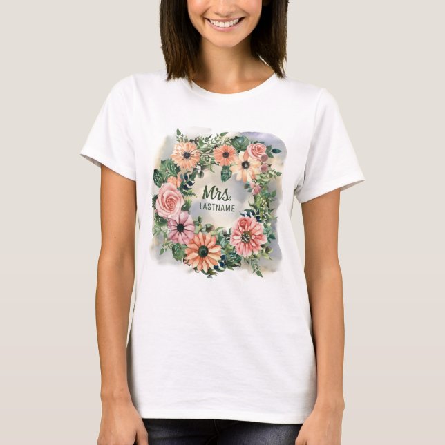 Pink Daisy Watercolor Mr. + Mrs. Just Married T-Shirt (Vorderseite)