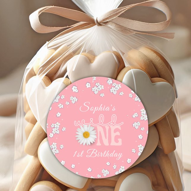 Pink Daisy Wild One 1. Geburtstag  Runder Aufkleber (Von Creator hochgeladen)