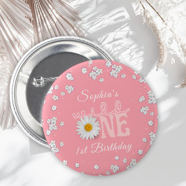 Pink Daisy Wild One 1st Birthday  Button
