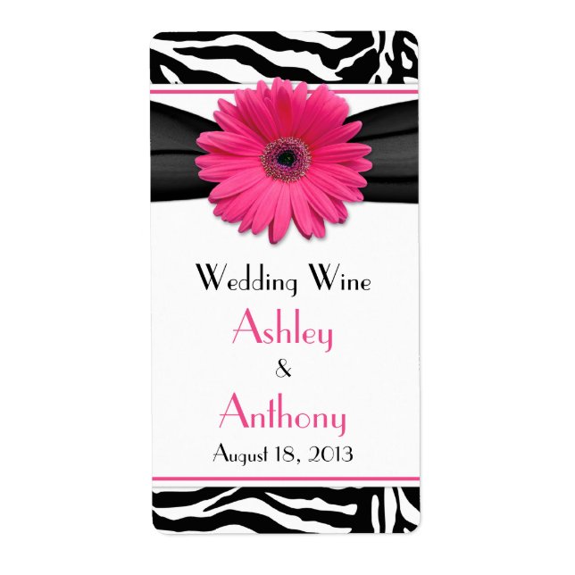 Pink Daisy Zebra Print Wedding Wine Bottle Labels (Vorne)