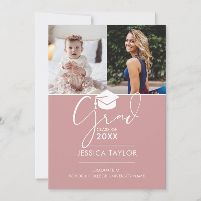 Pink damals und jetzt 2 Foto Graduation Party Einladung (Vorderseite)