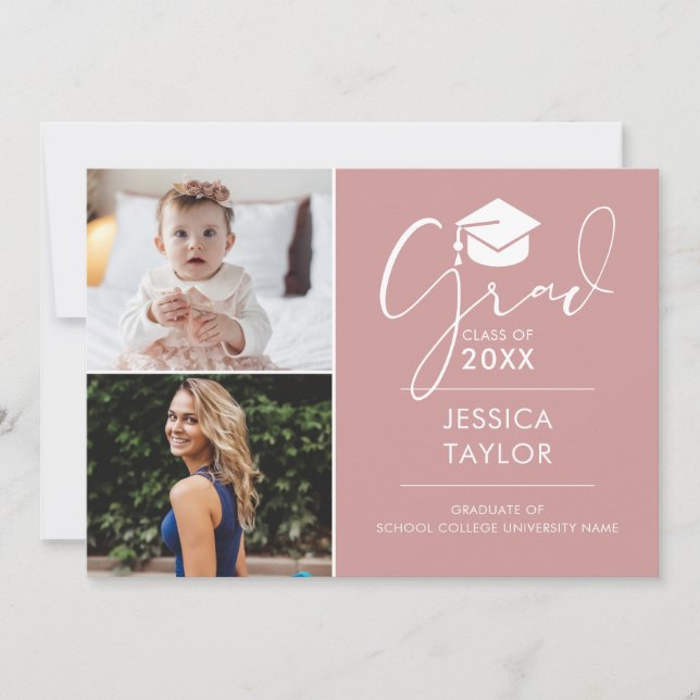 Pink damals und jetzt 2 Foto Graduation Party Einladung (Vorderseite)