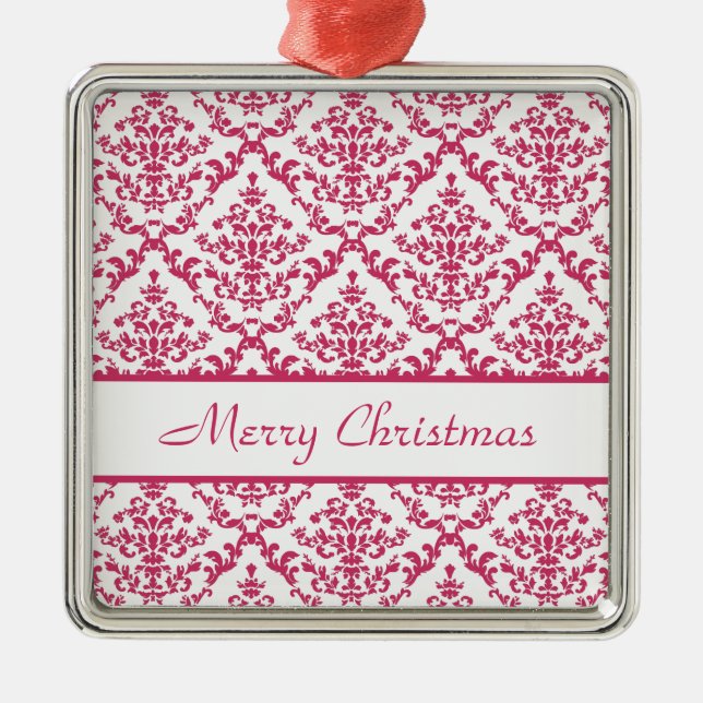 Pink Damask #4 anpassbar Silbernes Ornament (Vorne)
