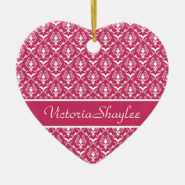 Pink Damask #5 anpassbar Keramik Ornament (Vorne)