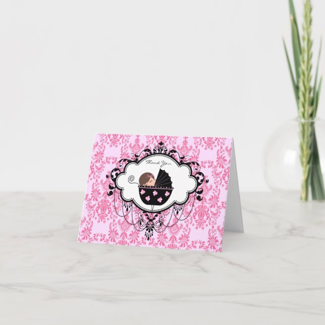 Pink Damask Baby Dusche Danke Karten (Vorderseite)