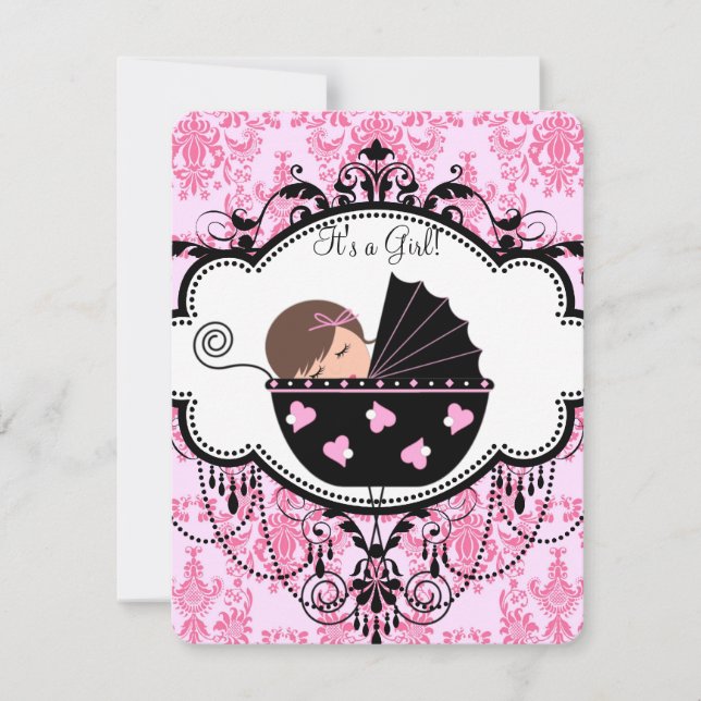 Pink Damask Baby Girl Dusche Einladung (Vorderseite)