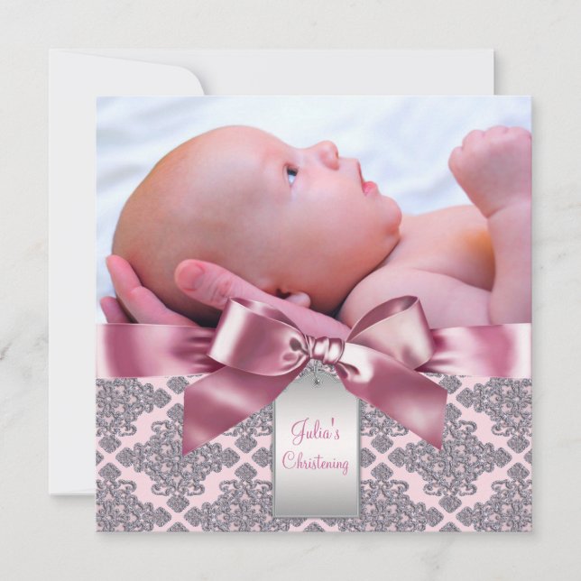 Pink Damask Baby Girl Foto Christening Einladung (Vorderseite)