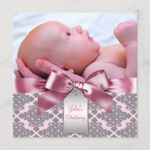 Pink Damask Baby Girl Foto Christening Einladung