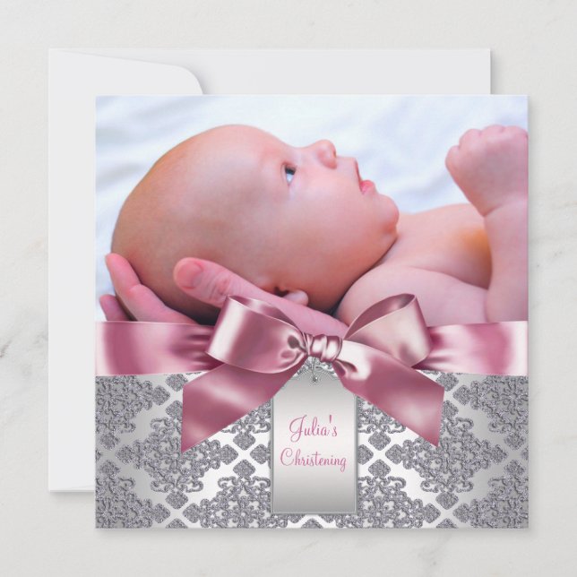 Pink Damask Baby Girl Foto Christening Einladung (Vorderseite)