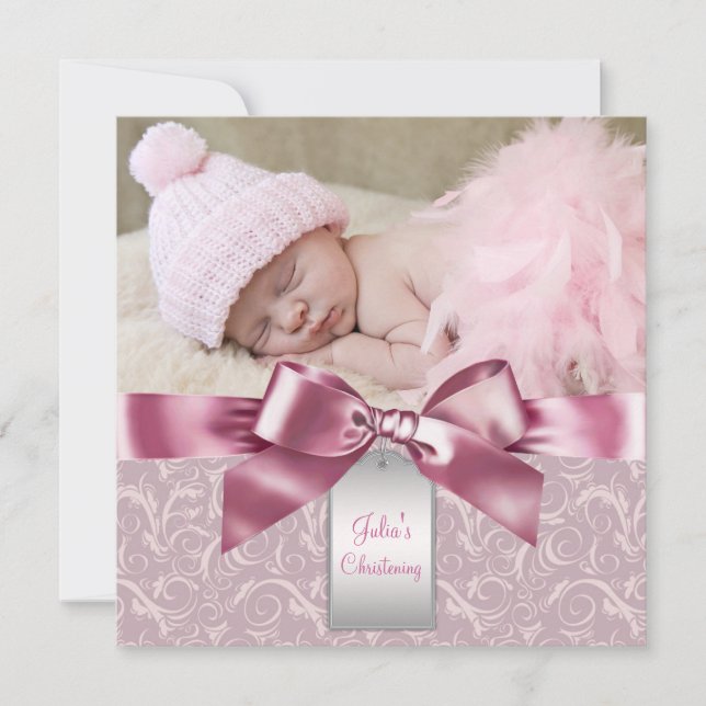 Pink Damask Baby Girl Foto Christening Einladung (Vorderseite)