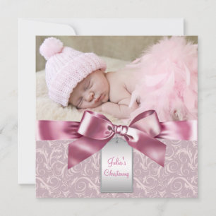 Pink Damask Baby Girl Foto Christening Einladung