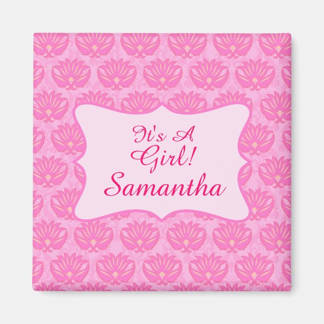 Pink Damask Baby Girl Name Personalisierte Geburt Magnet (Vorne)