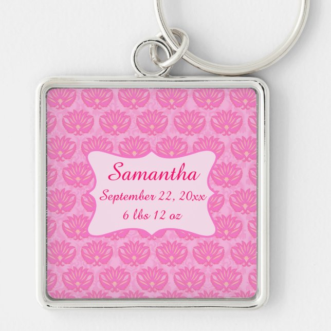 Pink Damask Baby Girl Name Personalisierte Geburt Schlüsselanhänger (Vorne)