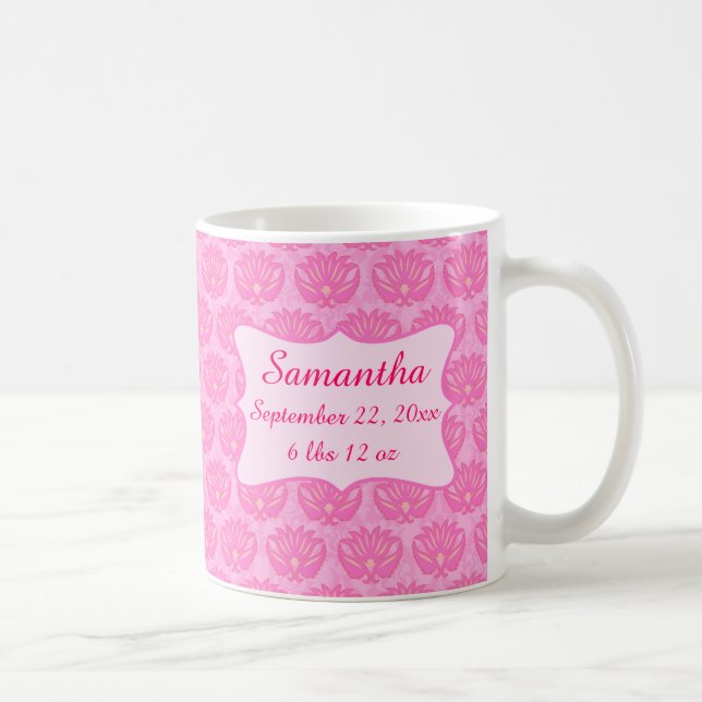 Pink Damask Baby Girl Name Personalisierte Geburt Tasse (Rechts)