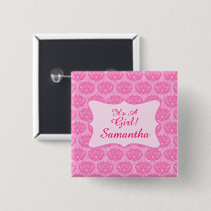 Pink Damask Baby Girl Personalisiert Name Abzeiche Button