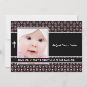Pink Damask Baby Girl Photo Christening Einladung