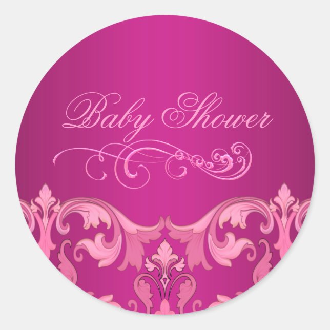 Pink Damask Babydusche Aufkleber/Siegel Runder Aufkleber (Vorderseite)