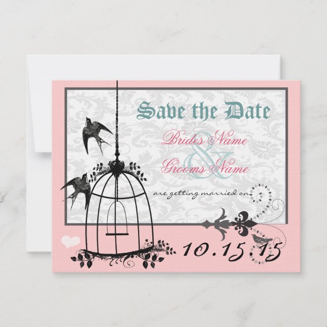 Pink Damask Bird Cage Wedding Save the Date Einladung (Vorderseite)
