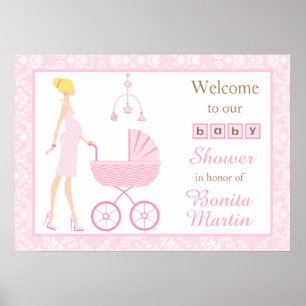 Pink Damask Blonde Babydusche Poster