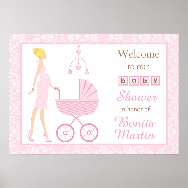 Pink Damask Blonde Babydusche Poster (Vorne)