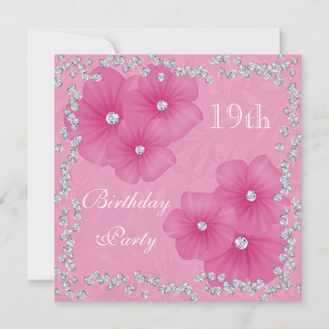 Pink Damask & Blume 19. Geburtstag Einladung (Vorderseite)