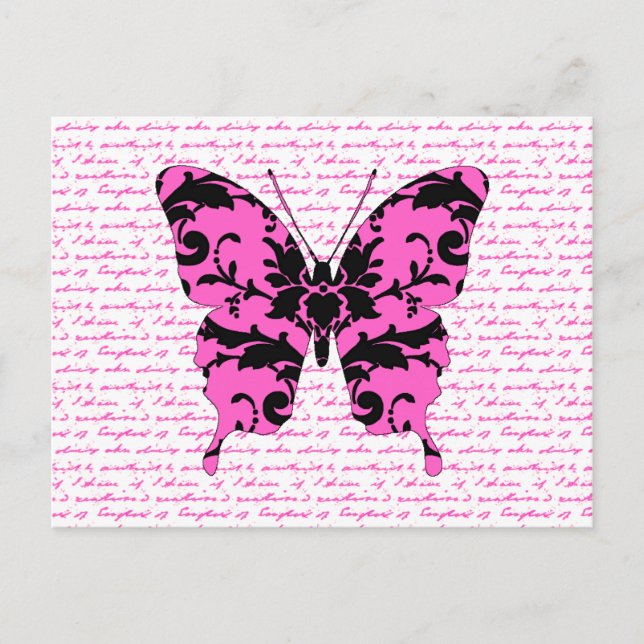 Pink Damask Butterfly Collage Postkarte (Vorderseite)
