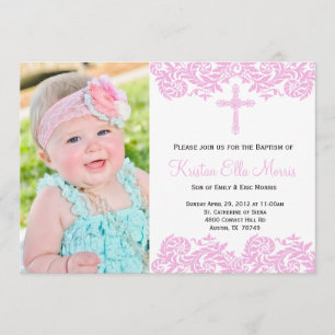 Pink Damask Christening Baptismus Einladung