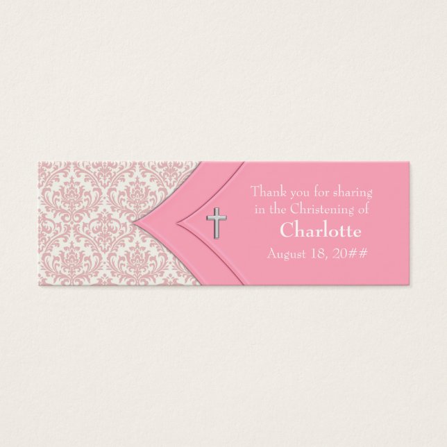 Pink Damask Cross Bomboniere Tags (Vorderseite)