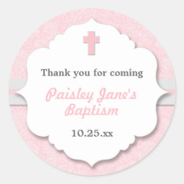 Pink Damask Cross Girl Taufe Runder Aufkleber