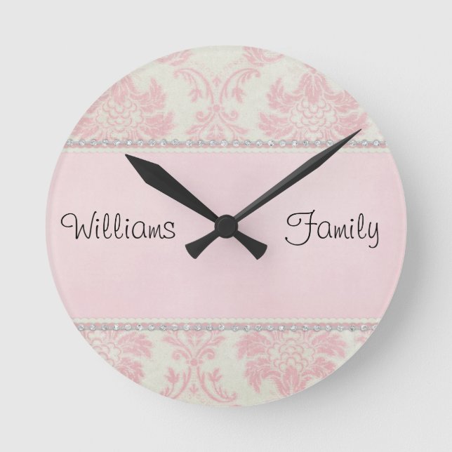 Pink Damask Diamonds Runde Wanduhr (Vorderseite)